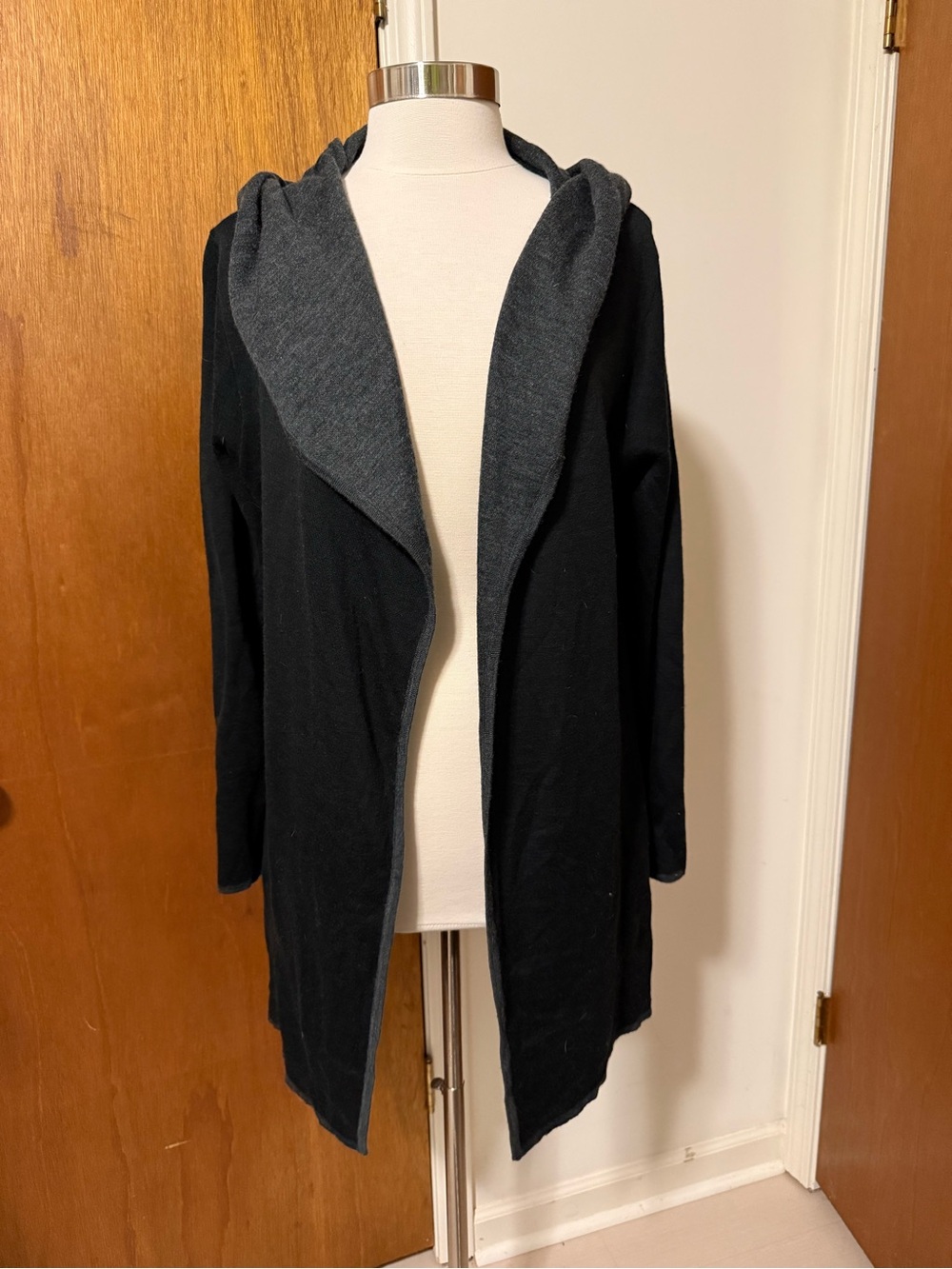 blanc noir Black Hooded Open Cardigan with Charcoal Trim